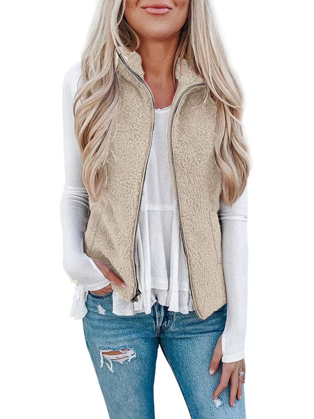 Womens Fuzzy Sherpa Fleece Jacket Lightweight Vest Cozy Sleeveless Cardigan Zipp